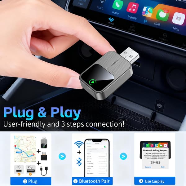 Plug-and-Play trådløs adapter til kablede CarPlay-systemer, hurtig og stabil forbindelse med Mini USB, sort Black