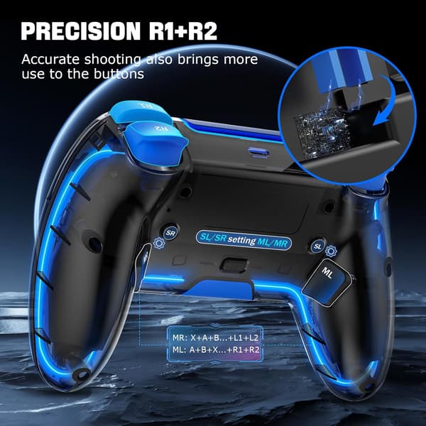 Trådløs PS4-controller med Hall 3D-joysticks/RGB LED-lys/programmeringsfunktion, PS4-controller fjernbetjening joystick gamepad, spilcontroller til PS4/Slim/P Blue
