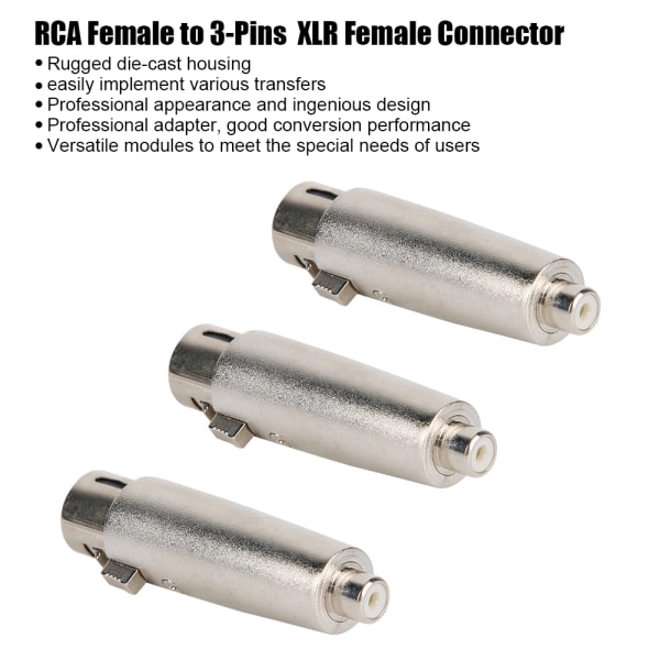 3 stk RCA-hun til 3-pins XLR-hun-jackplugg lydkontakt konverteringsadapter sinklegering