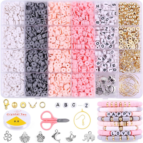 3500 stk. rosa og grå lerperler til armbånd, polymer Heishi-perler til smykkefremstilling, venskabsarmbåndssæt til piger og voksne, afstandsholder Pink&Gray