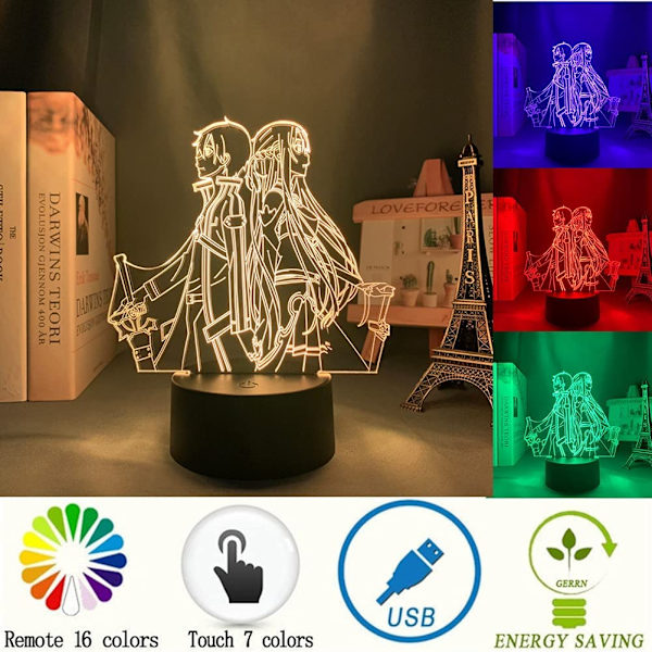 SAO Anime Figur LED-lys Søt Gutter & Jenter Jul Bursdag Feriefest Gave Kirito/Asuna/Asada Shino 3D Optisk Illusjon Bordlampe