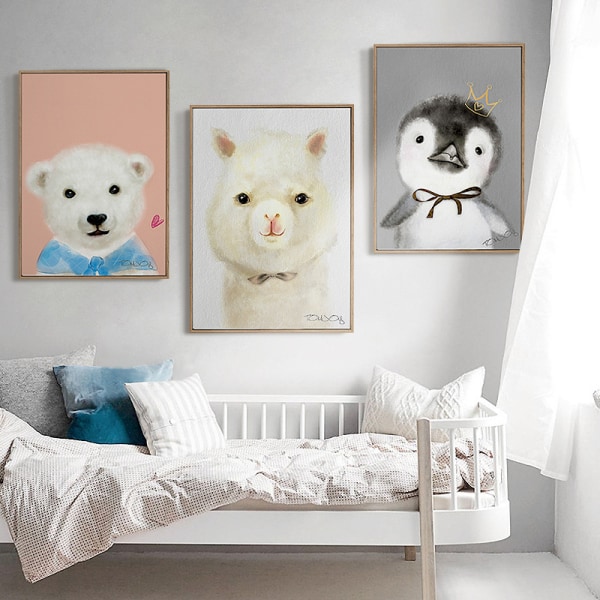 Cartoon Alpaca, Bear and Penguin Wall Art Canvas Print Poster, Simple Cute Water