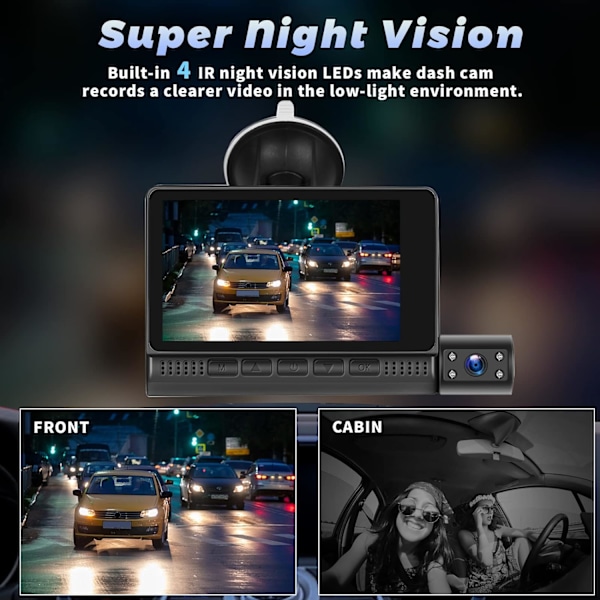 3-kanals dashcam fram och bak inuti, 4 tum 1080P dashkamera för bilar trevägs trippel bilkamera med IR-nattseende, loop-inspelning, G-sensor