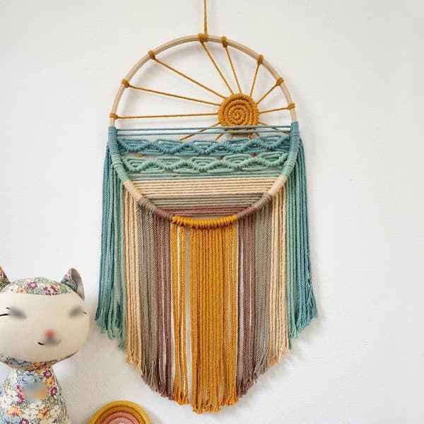 Boho Solväggbonad med tofsar, Cirkulär inredning för sovrum, vardagsrum, barnkammare, entré, solnedgång Sunset