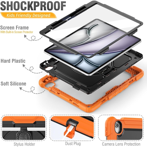 Skal för iPad Air 11 tum (M2 2024), Stötsäker Design med Pennhållare/Skärmskydd/Roterande Handrem, Skyddande Fodral för Orange New iPad Pro 11 2024