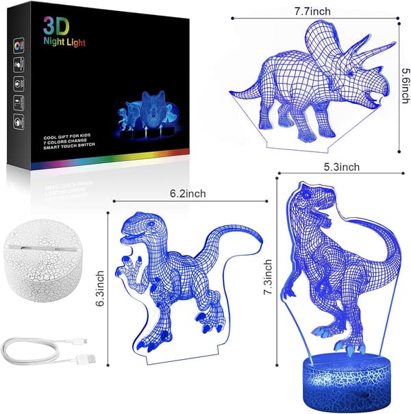 Dinosaur 3D Nattlampe, 3D Illusjon Bordlamper med 7
