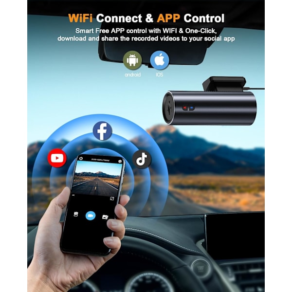 Dash Cam 4K WiFi 2160P Bilkamera, Dashkamera för bilar, Mini Front Dashcam för bilar med nattseende, Loop-inspelning, G-sensor, 24H parkeringsövervakning,