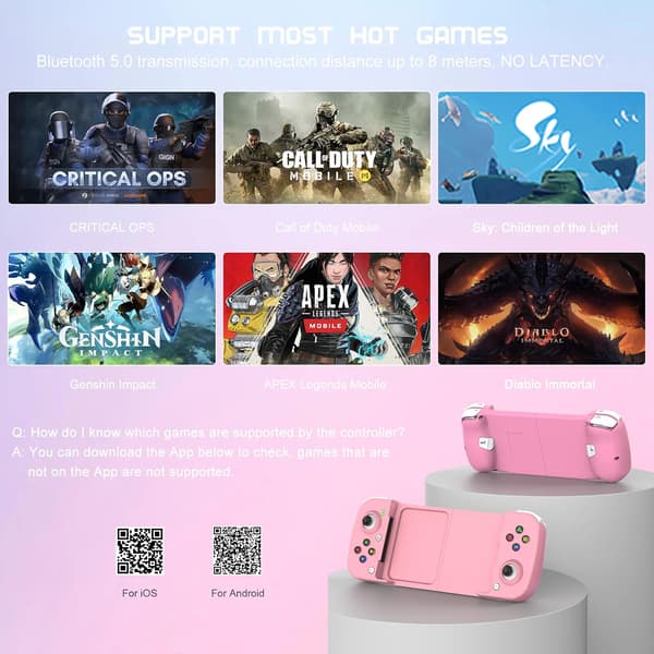 Bluetooth-kontroller for iPhone, Android, direkte avspilling, lav ventetid, telefonkontroller-spillkontroller-joystick for Galaxy S23 S22 S21 20 Ultra, iPhone 14 13 1 Pink