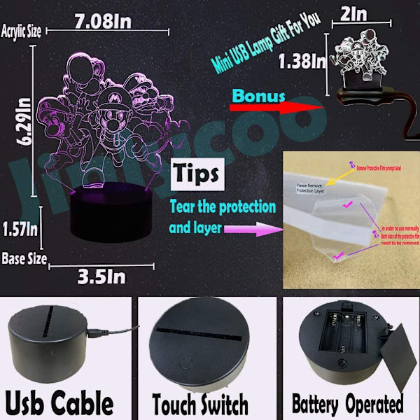 Tegneserie Lys Bros Yoshi Bror Luigi Toad Donkey Kong Bowser 3D LED Bordlampe Hjem Decor Natlys til Dreng Værelse med 7 Farve Smart Fjernbetjening Skift