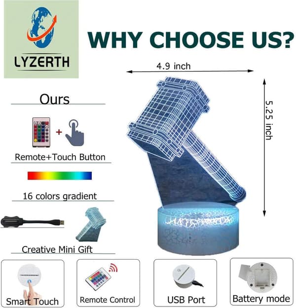 3D nattlampa, Thor Hammer 3D Illusion Lamp Heminredning Sovrum