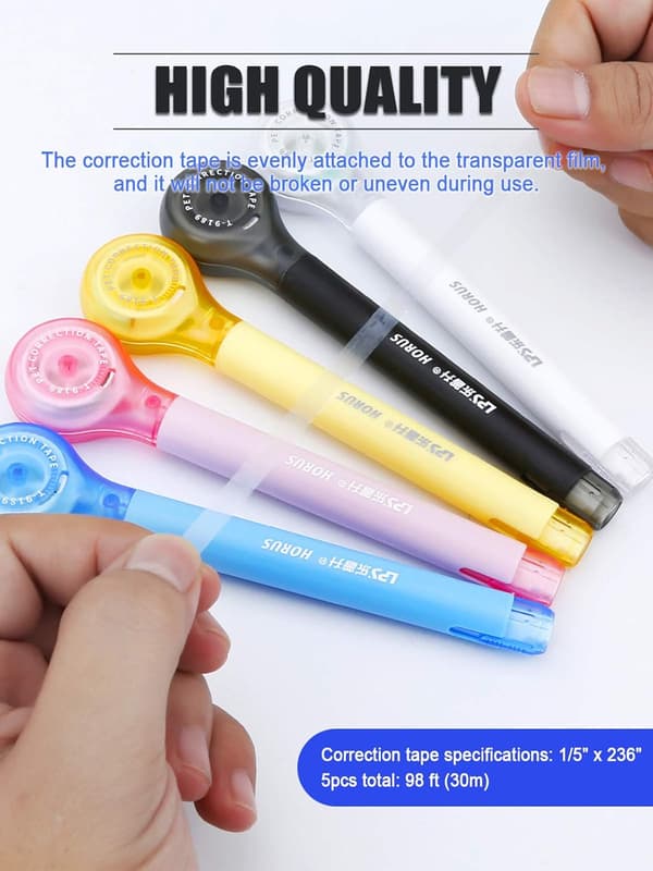 5-pack vit korrigeringstejp, 1/5\" x 236\" extra lång täckning, push-pull skyddslock, smidig applicering, lätt att använda för skolan,