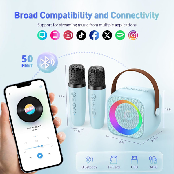 Mini Karaoke-laite, kannettava Bluetooth-karaokekaiutin 2 langattomalla mikrofonilla ja juhlavaloilla lapsille ja aikuisille, syntymäpäivä blue