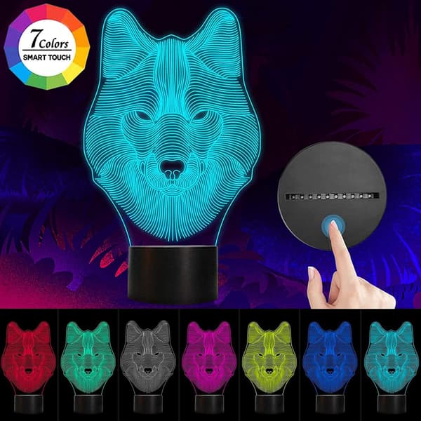 Wolf 3D Lamper, Bagvhandbagro Ulv Natlampe, 7 LED Farver