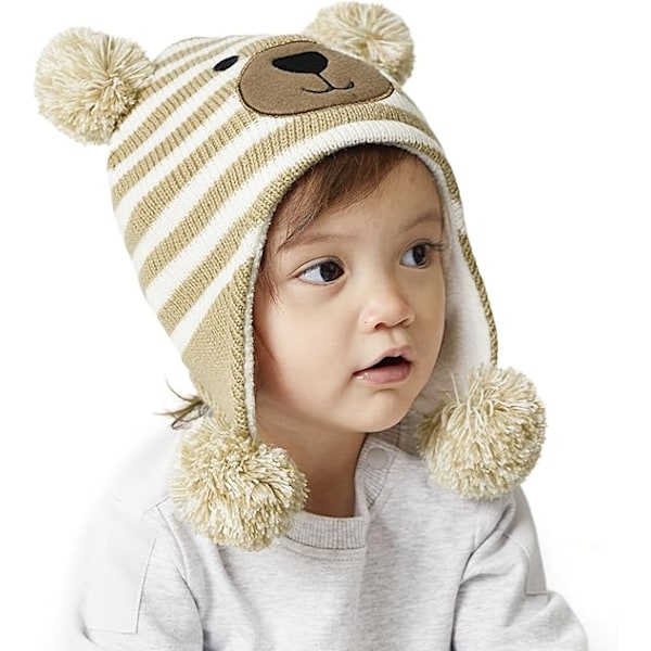 Barnhatt Vinter Fleecefodrad Hatt Stickad Öronlapp Barnmössor Spädbarn Småbarn Hattar för Pojke Flicka Beige M