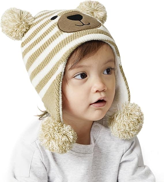 Børnehat Vinter Fleeceforet Hat Strikket Øreklapper Børnehatte Spædbarn Toddler Hatte til Drenge Piger Beige S