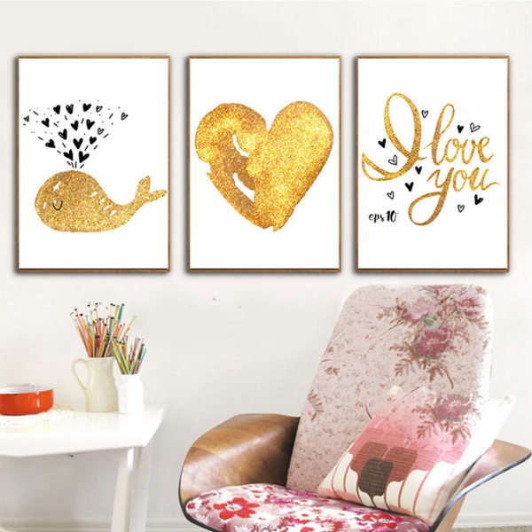 Kärlek och val väggkonst canvas print affisch, enkel söt guld och svart konst ritning