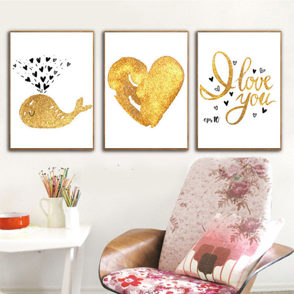 Love and Whale Wall Art Canvas print , yksinkertainen söpö kultainen ja musta taidepiirros