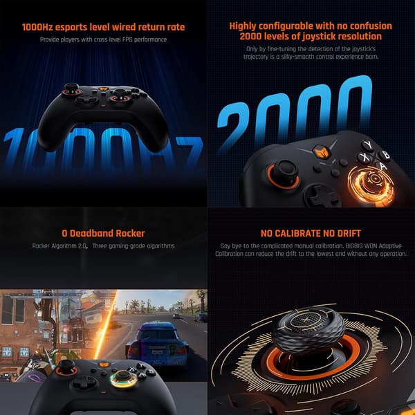 PC-controllere, BIGBIG WON Gale trådløse controllere, bevægelsessigte, Hall-aftrækker, 4 brugerdefinerede knapper, PC-app-spilcontrollere til Switch/PC/iOS/Android Black
