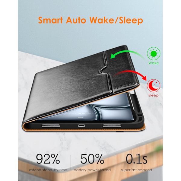 iPad Pro 11-tums Fodral M2 (2024), Premium Läder Business Folio Ställskydd med Pennhållare - Auto Sleep/Wake Black Apple