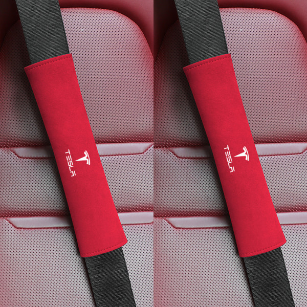 2-pack bilbältesöverdrag ersättning för Tesla - Mjuka tvättbara mikrofiberläder bälteskuddar (röda)