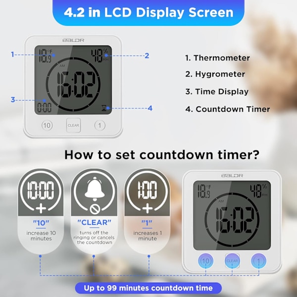 Duschklocka Vattentät, Digital Klocka Timer Klocka med Alarm, Badrumsklocka med Sugkopp, Temperatur Fuktighetsdisplay, 3 Monteringsmetoder White