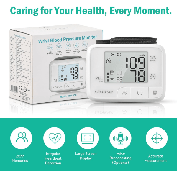 Håndledsblodtryksmonitor til hjemmebrug, præcis digital blodtryksmåler, 99 aflæsningshukommelser til 2 brugere, stort display til nem aflæsning, behagelig