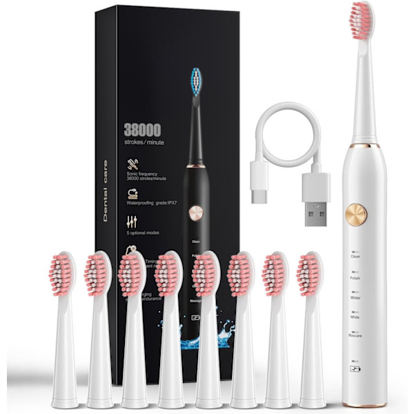 Sonic Elektrisk Tandborste för Vuxna med 8 Borst Huvuden, IPX7 Vattentät Sonicare 38000VPM, Snabb Laddning med Intelligent Tidpåminnelse 5 Valfria Lägen White