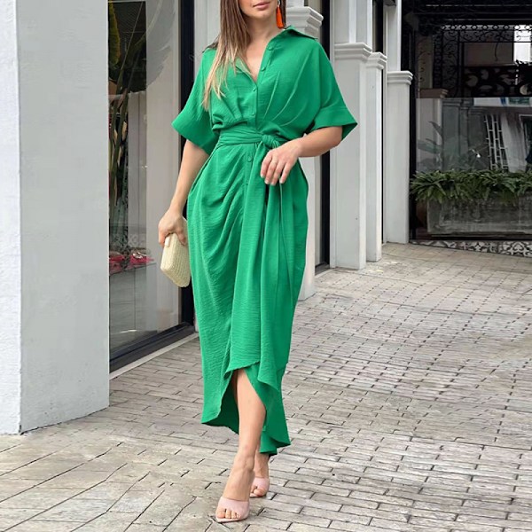 Ditsy Tie Front Button Up Boho Midi Tshirt Klänningar (Grön L)