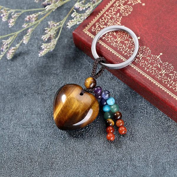Naturlig krystallhjerte edelsten nøkkelring 7 chakra helbredende stein nøkkelring sjarm for kvinner Tiger Eye