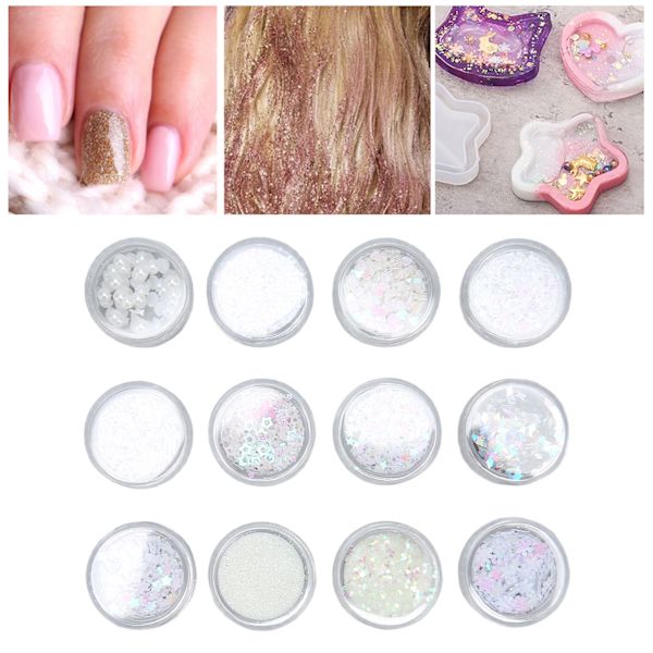 12 rutnät glitter paljetter set handgjorda DIY nagelkonst glitter paljetter dekaler set 3D nagelkonst dekorationer White