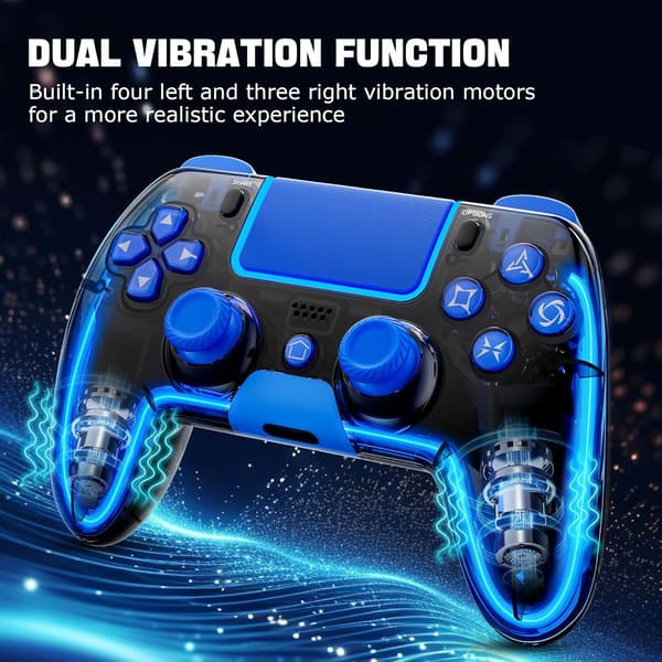 Trådløs PS4-controller med Hall 3D-joysticks/RGB LED-lys/programmeringsfunktion, PS4-controller fjernbetjening joystick gamepad, spilcontroller til PS4/Slim/P Blue