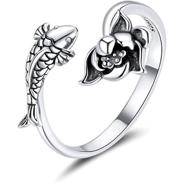 925 Sterling Silver Ring Koi Shape Lotus Adjusta