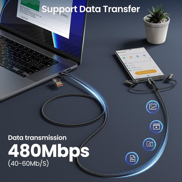 USB-C til Multiopladningskabel, USAMS 100W 4FT 5A Type C til Type C Hurtigopladerledning med LED-display 5-i-1 C/A til C/Micro/IP Synkronopladeradapter Black 1.2m