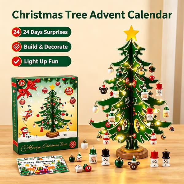 24 dagar julkalender, julgran för skrivbordet med miniprydnader