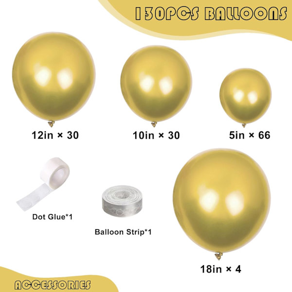 130 stk. metalliske guld balloner i forskellige størrelser 18\" 12\" 10\" 5\" ballonbue guirlande sæt perfekt til fødselsdagsfest, dimission, bryllup, feriedekoration Metallic Gold