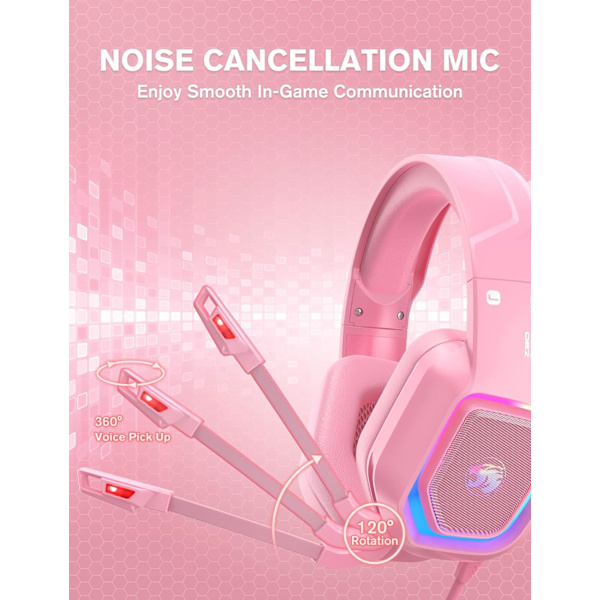 Z30 Pink Gaming Headset til PS4, PS5, Xbox One, PC, Trådløst Over-Ear Hovedtelefon med Støjreducerende Mikrofon, LED Flowing RGB Lys, 7.1 Surround Lyd