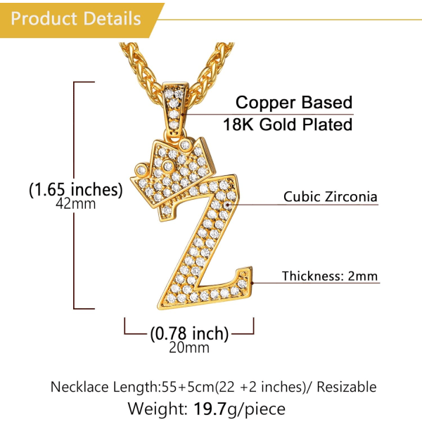 Krone Initial A-Z Halskæde, Iced Out Bogstav Vedhæng med 22-24 Tommer Kæde, Mænd Kvinder Bling Hip Hop Alfabet Navn Smykker Gave Store Initialer Halskæder Z 18K Gold