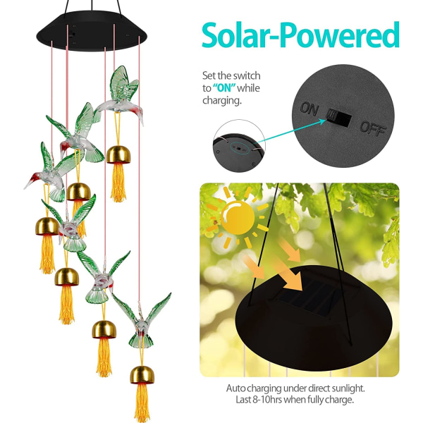 Aurinkokäyttöiset tuulikellot ulkokäyttöön (kolibrit-vihreät kellot)