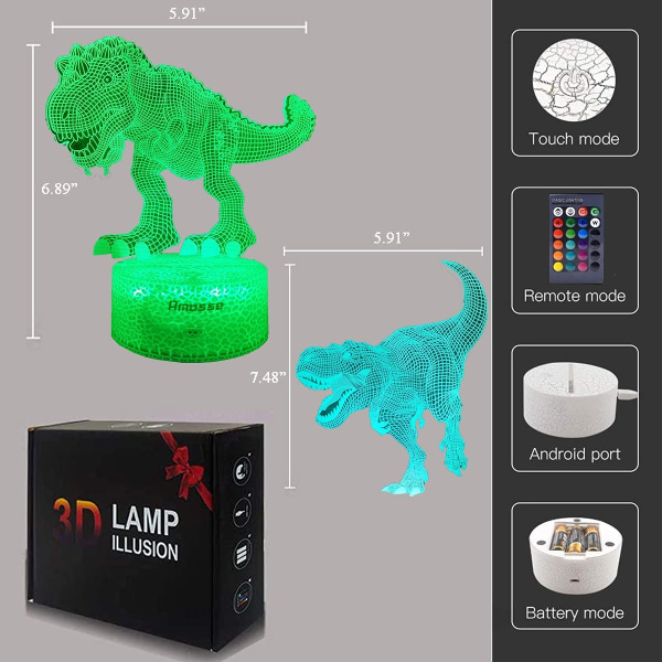Dinosaurie Leksaker, T Rex 3D Nattlampa med Fjärrkontroll & Smart Touch Leksaker Presenter 2 3 4 5 6 7 8 År Gammal Pojke Födelsedagspresenter (2 Paneler)