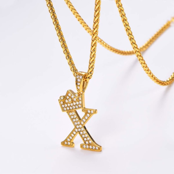Krone Initial A-Z Halskjede, Iced Out Bokstavanheng med 22-24 Tommers Kjede, Menn Kvinner Bling Hip Hop Alfabet Navn Smykker Gave Store Initialer Halskjeder X 18K Gold