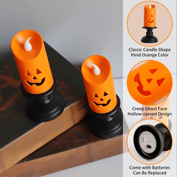 6 STK Orange Flameless Græskar Stearinlys – Halloween Fest Bordpynt