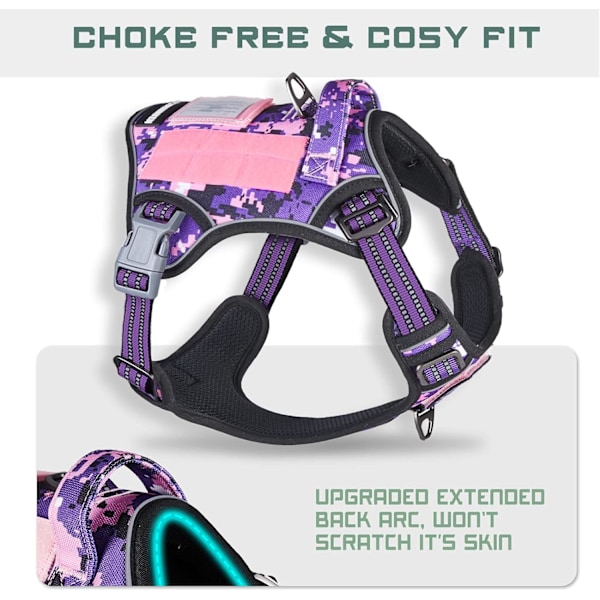 Taktisen koiran valjaat suurille koirille, ei vedä, kuuluisa TIK Tokin ei-vetovaljaat, sopii älykkäisiin heijastaviin lemmikkien kävelyvaljaisiin koulutukseen, säädettävä Purple Camo XL