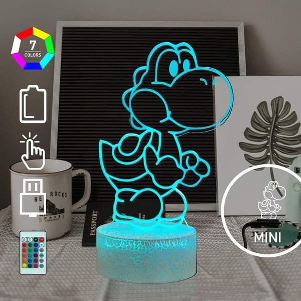 Spil 3D LED Natlampe Yoshi 7 Farveskiftende Lampe Batteri