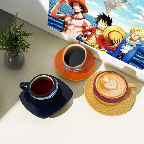 Anime Kaffemugg med Fat Kreativ Luffy Ace Sabo Tre Bröder Hattformad Keramisk Kaffekopp Barns Födelsedagspresent Kopp Luffy