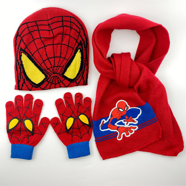 Marvel Spider-Man -lasten talvihattu, lumikäsineet ja huivi pojille ja taaperoille, 3 osan setti, lämmin pom-pom-pipo tarvikkeilla C