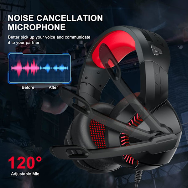 PS4 Gaming Headset med 7.1 Surround Sound, PC Headset med støjreducerende mikrofon og LED-lys, H3 Over Ear-hovedtelefoner til Nintendo Switch, PS5, Xbox On Black Red