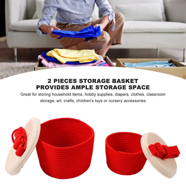 2 set handvävda förvaringskorgar innovativ utsökt knutdekor bomullsrep vävd korg för snacks leksaker diverse Red