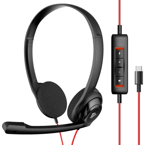 USB C headset med mikrofon til bærbar telefon, hovedtelefoner med støjreducerende mikrofon til computer, on-ear kablet kontor call center headset til USB-C