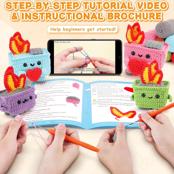 Hæklesæt til begyndere (voksne, børn, kvinder) - 4 stk. Dumpster Fire Hækle-startsæt med trin-for-trin video-tutorials, sjov Em