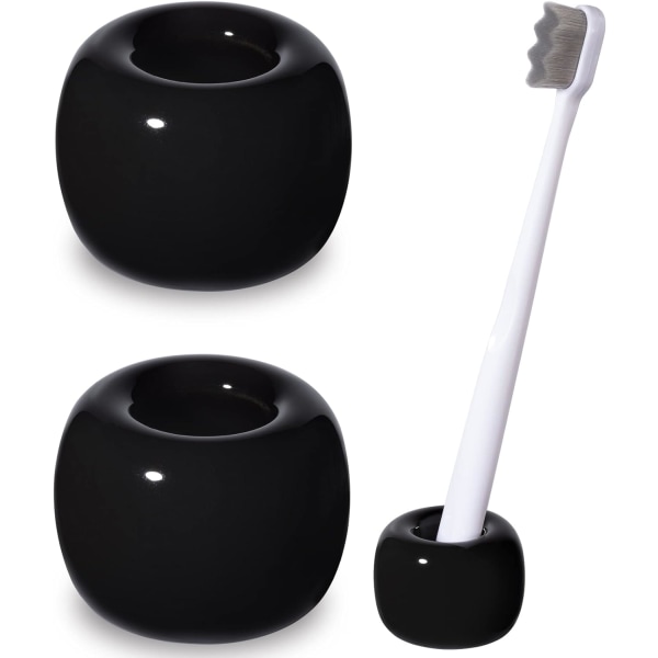Slank Mini Keramisk Tandbørsteholder Stativ til Badeværelsesforfængelighed Bordplader (Sort 2-pak) 2Black